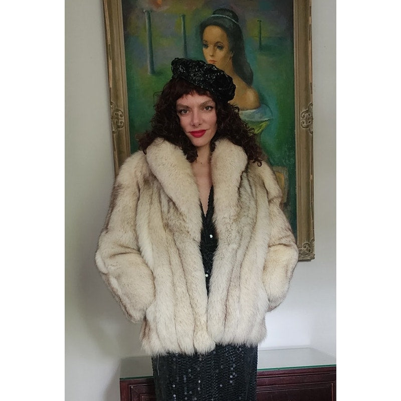 Vintage 70s Silver Fox Fur Jacket Large Collar
