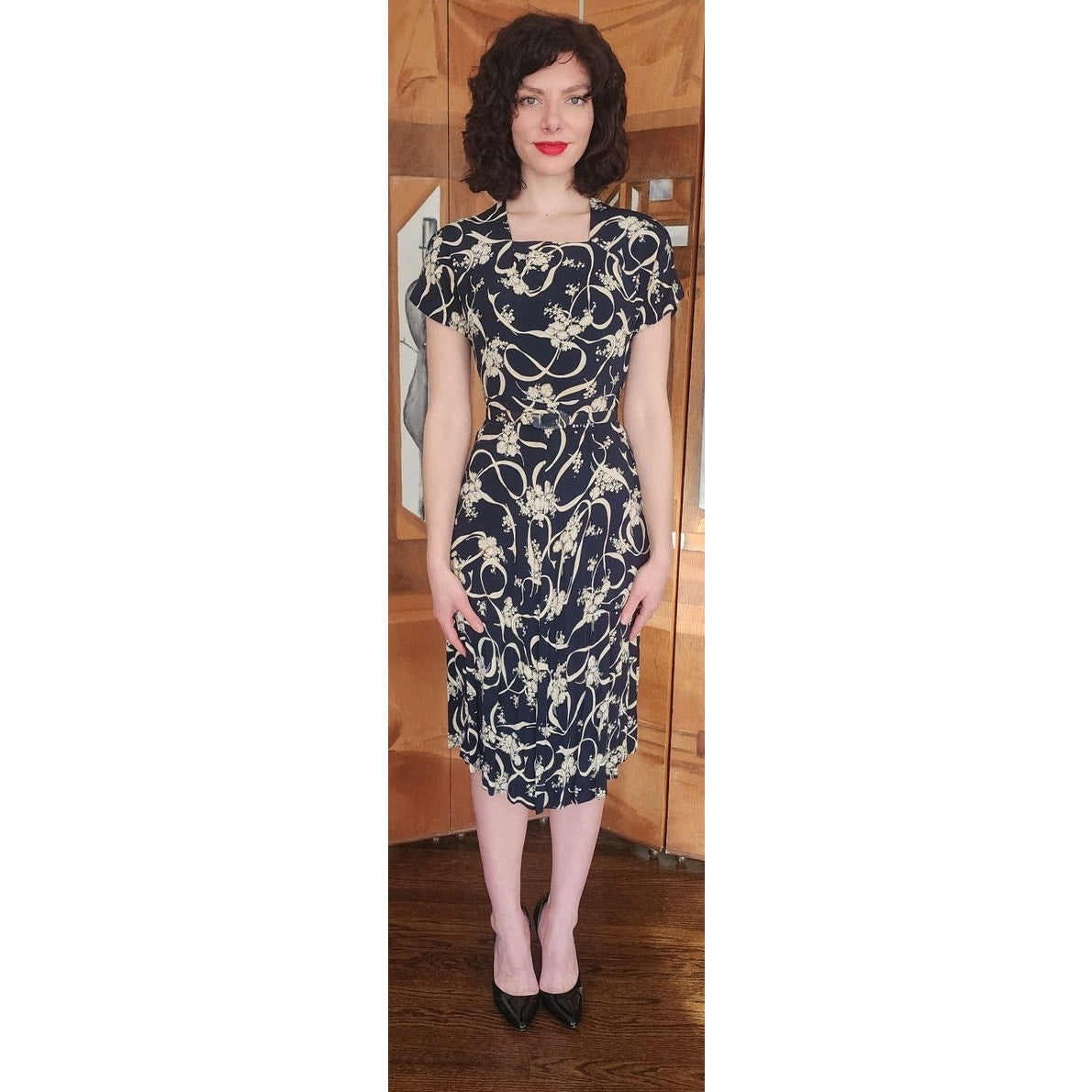 Vintage ORIGINAL 40s Leslie Fay Black Cream Floral Ribbon Rayon Midi Day Dress