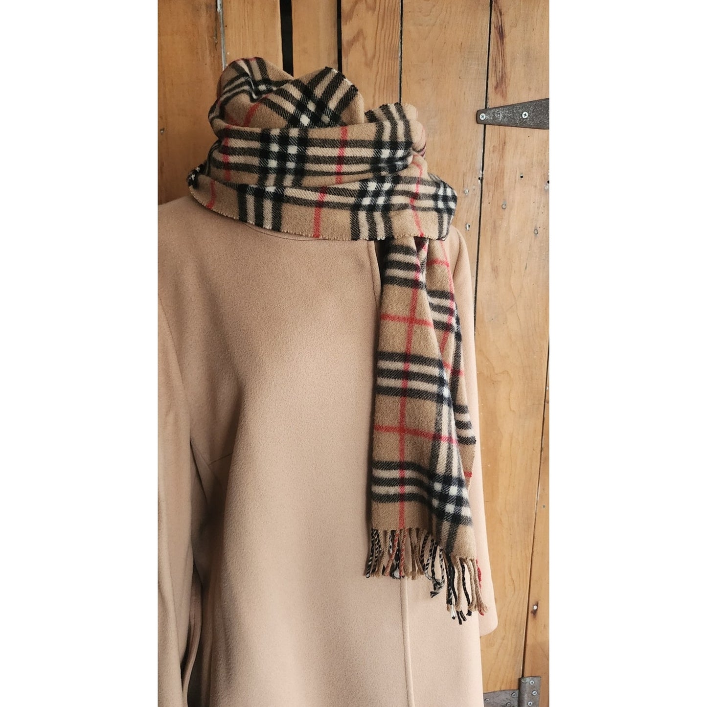 Vintage 1980s Burberrys Cashmere Scarf Beige Plaid Nova Check Fringed