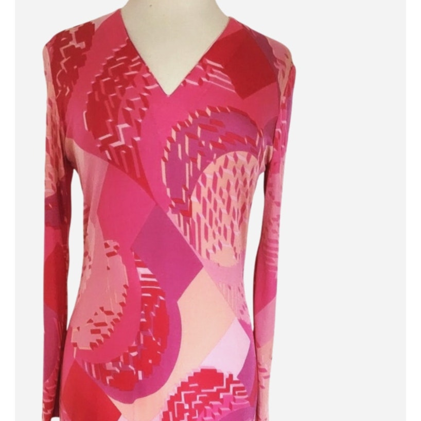 Vintage 1970s Maxi Dress Pink Red Geometric Print Rayon Jersey Stretch