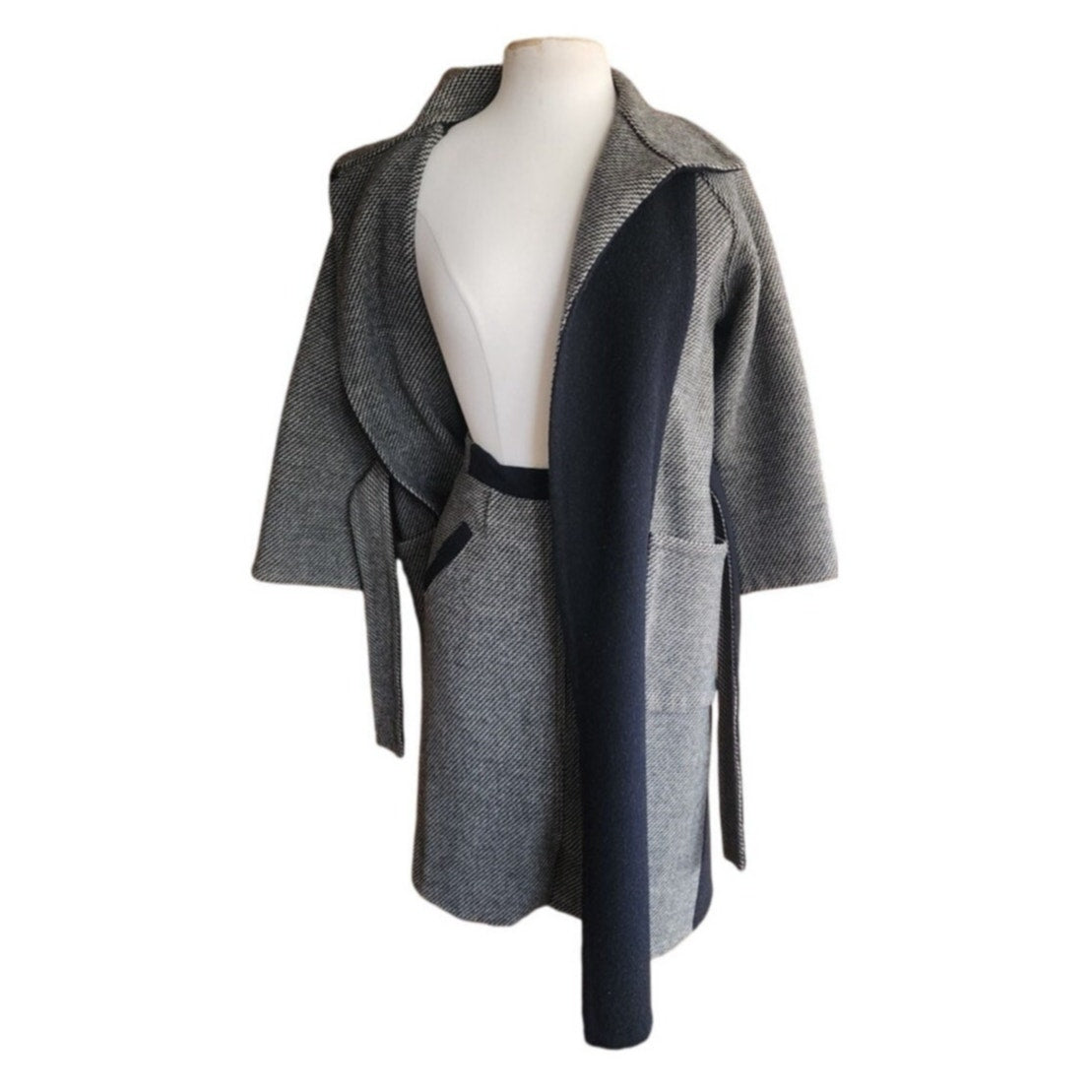 Vintage 90s Wool Coat + Skirt Set in ZigZag Stripe Grey Black / S