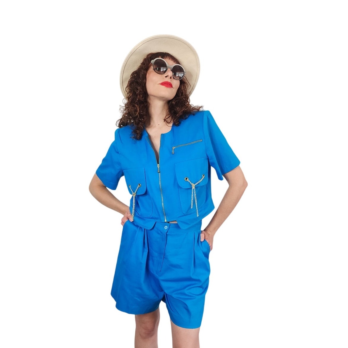 Vintage 90s Blue Jacket + Shorts Set w/Gold Chain Tassels by Oscar & Me Medium