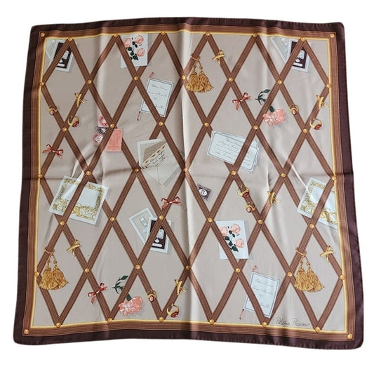 Vintage 90s Paloma Picasso Scarf Silk Brown Beige Novelty Print Bulletin Board