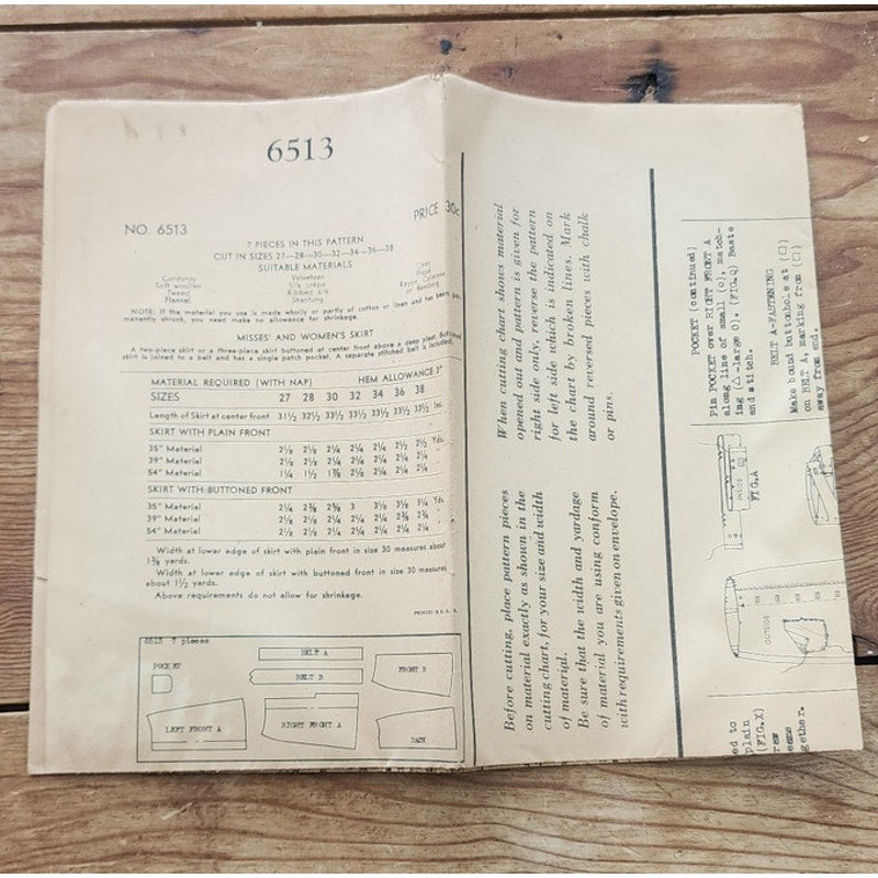 Vintage 30s Sewing Pattern: Long Skirt Vogue Pattern 6513