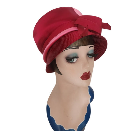 Vintage 60s Bucket Hat Red Pink Satin Cloche 20s Style Mr John Jr