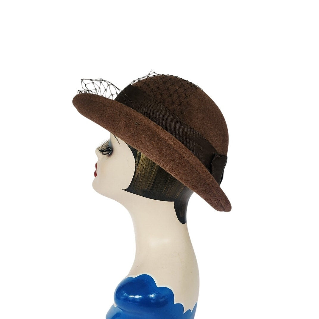 Vintage 1980s Ladies Bowler Hat Brown Wool w/Veil & Bow Betmar