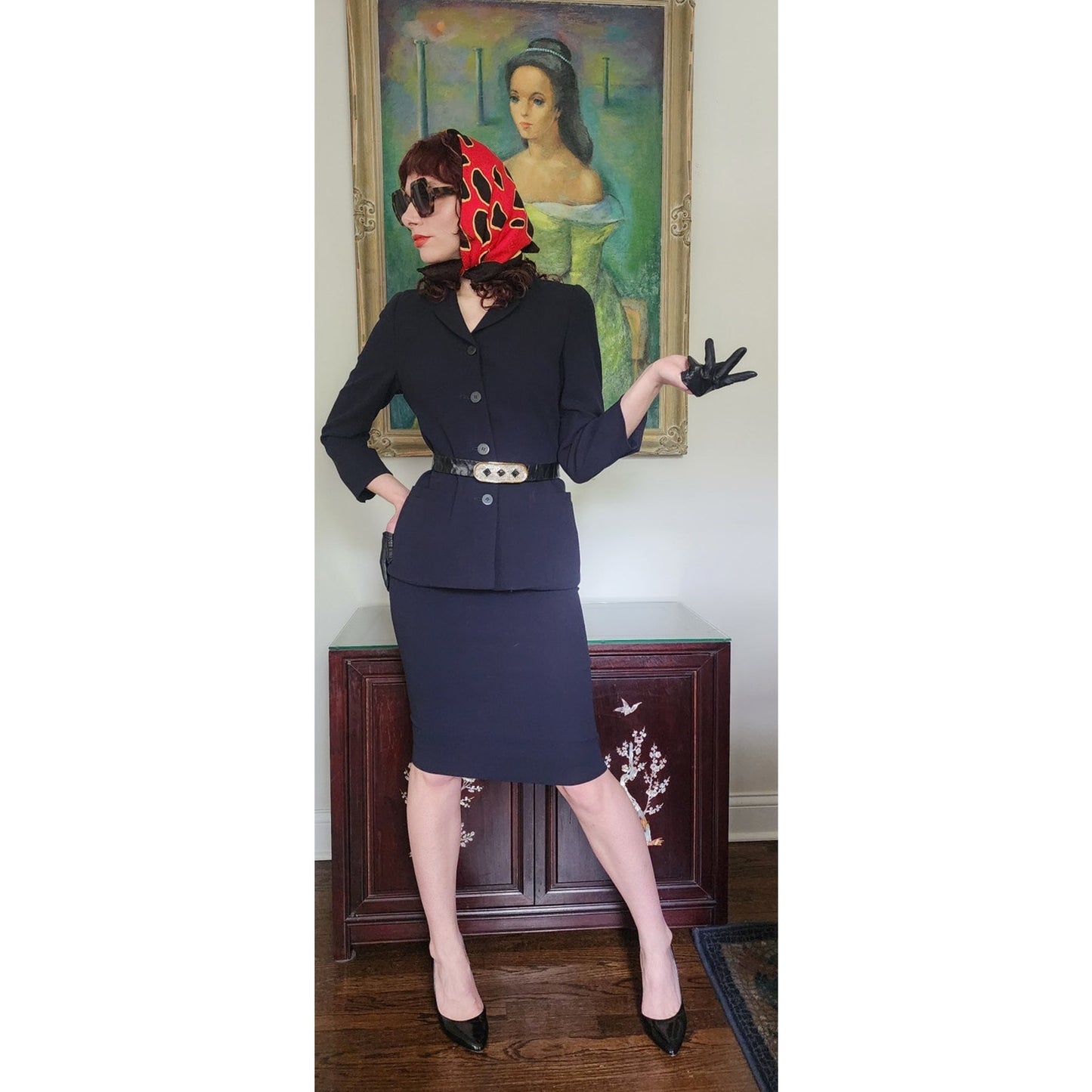 Vintage 1990s Armani Skirt Suit Black or Dark Navy Blue Wool / S