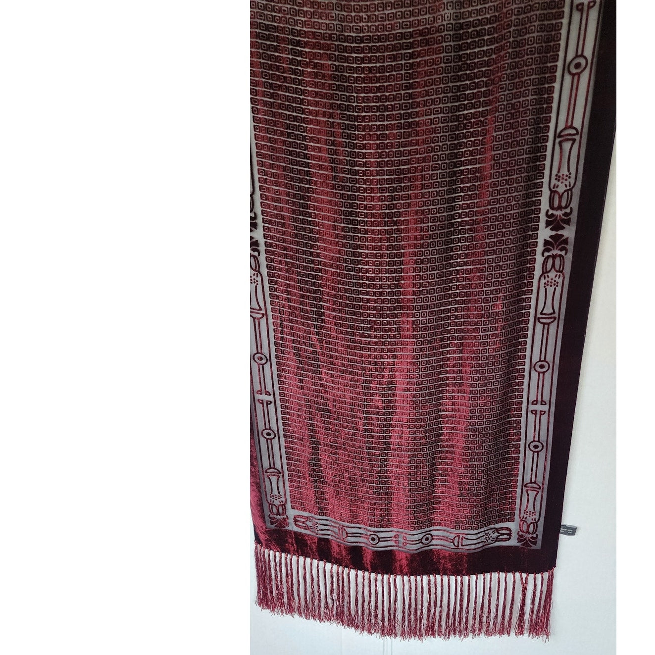 Vintage 90s Burnout Velvet Scarf Burgundy Red Velvet Fringed