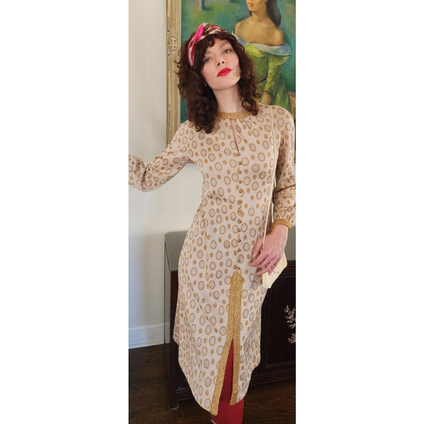 Vintage 60s Metallic Print Dress Beige Gold Tannel Knits / M