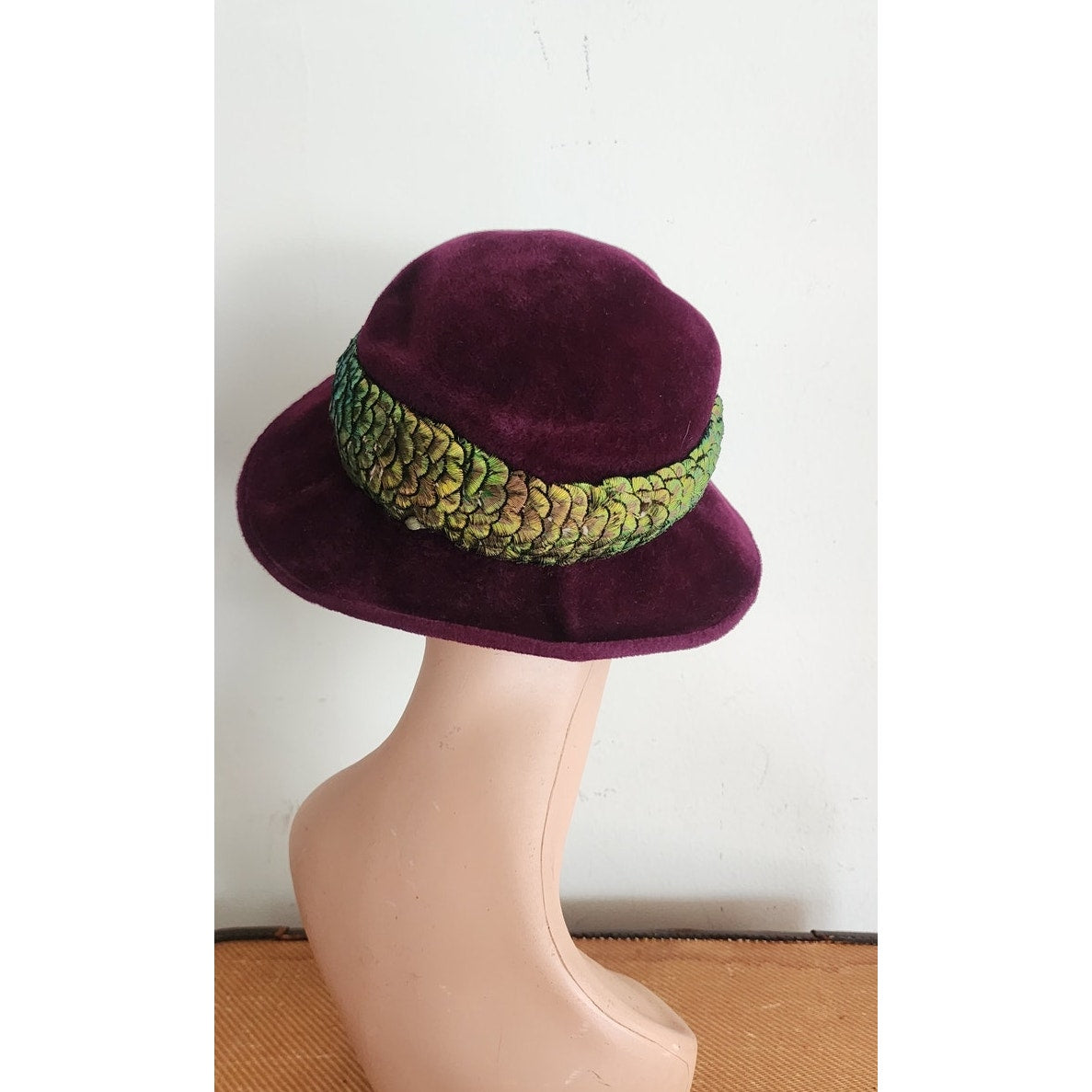Vintage 60s Purple Velvet Hat Fedora w/Green Feathers by Paulette