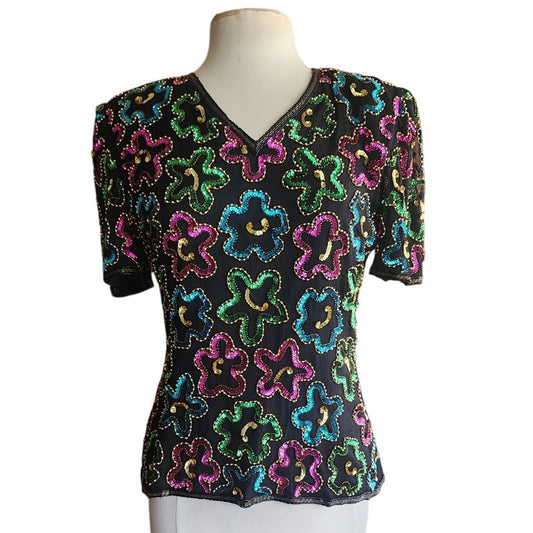 Vintage 80s Sequined Top Colorful Embroidery Stenay Deadstock New Old Stock Original Tags