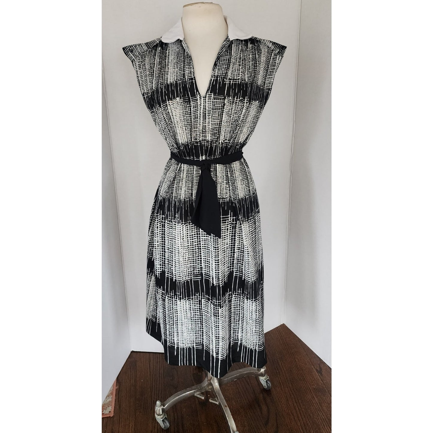 Vintage 70s Day Dress Black White Stripe, Belted, Lady Page