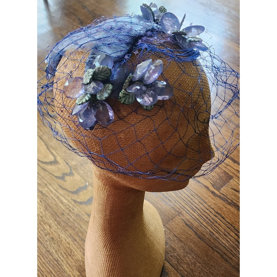Vintage 50s Bes-Ben Hat Blue Crystal Floral Crown Fascinator w/Veil