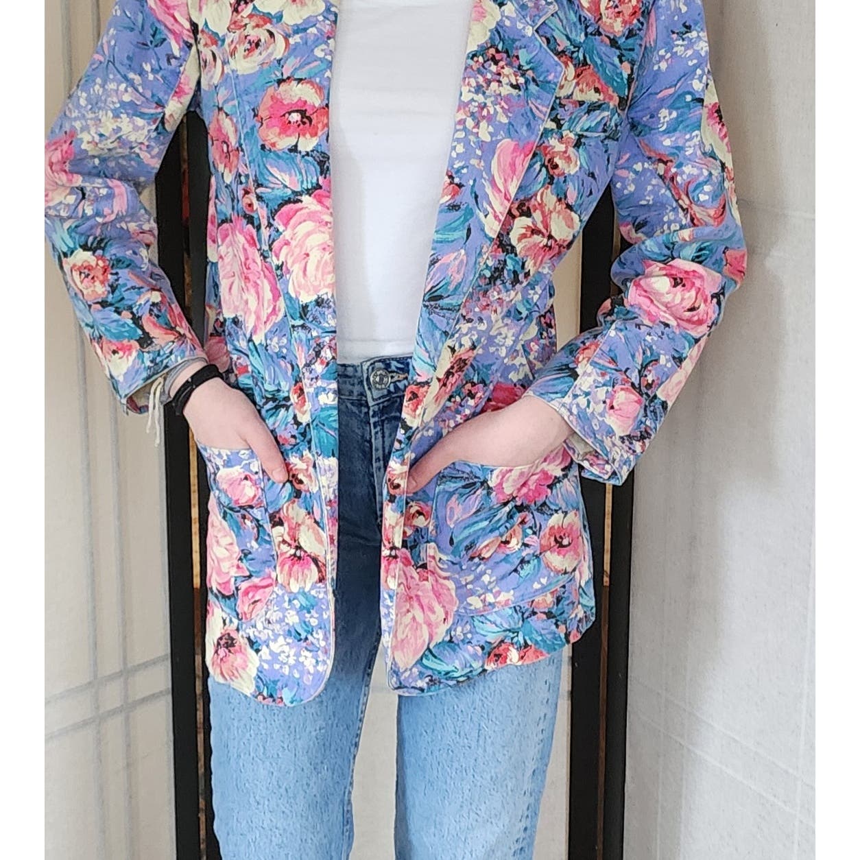 Vintage 80s Floral Print Blazer Denim Jean Jacket Bentley Arbuckle
