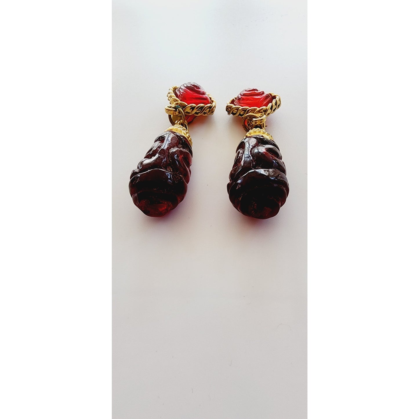 Vintage 80s Dangle Earrings Carved Red Glass Beads & Braided Gold