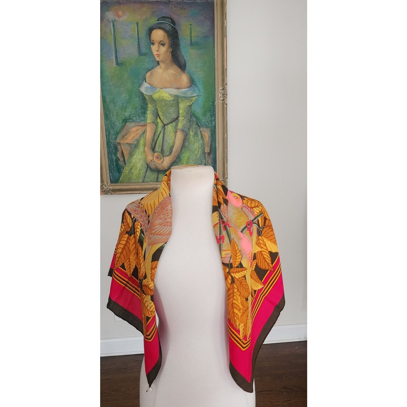 Vintage HERMES Scarf Les Perroquets Cashmere Silk Parrots Birds Orange Yellow Carre Foulard Joachim Metz