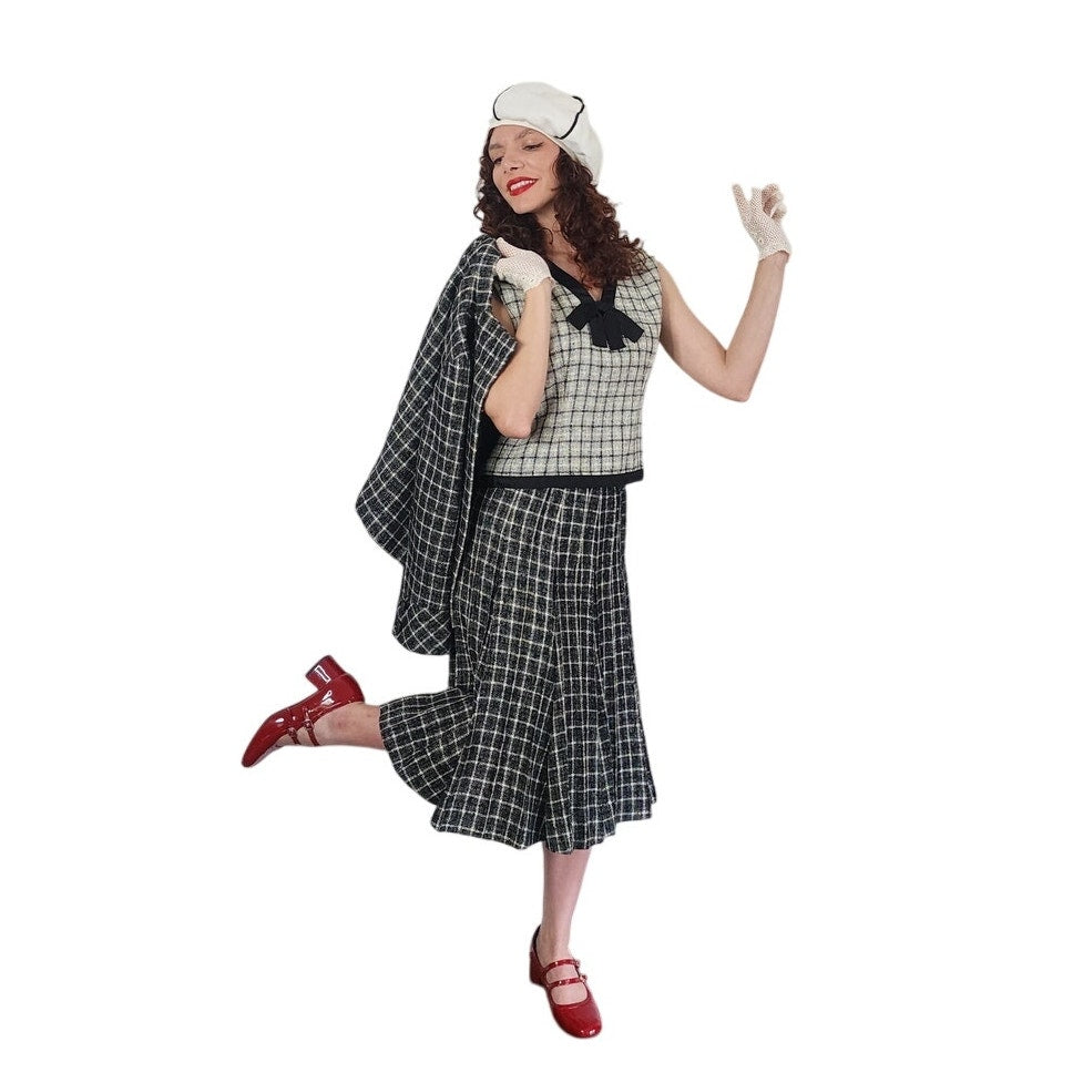 Vintage 1960s Christin Dior New York Suit Mod Three Piece Black White Check Wool