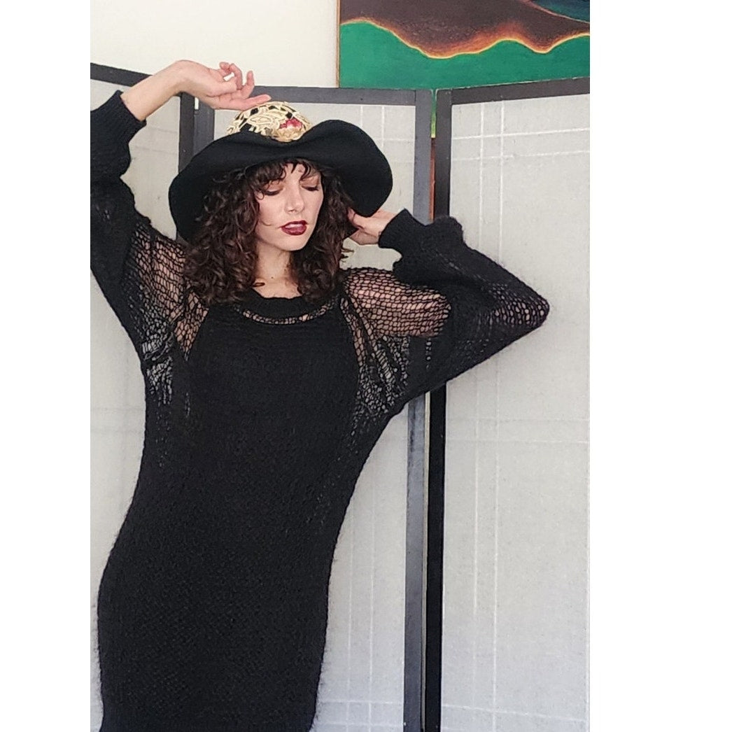 Y2K Sonia Rykiel Black Sweater Dress Open Knit Wool