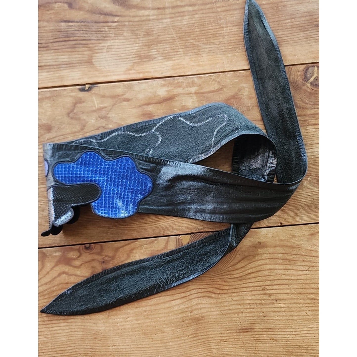 Vintage 1980s Belt Snakeskin Leather Blue Beige Black Sash Tie
