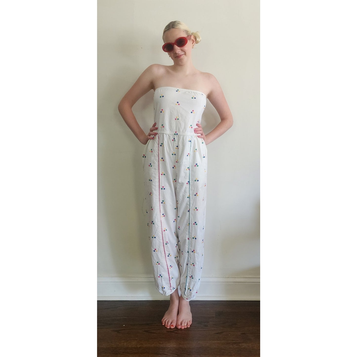 Vintage 1980s Jumpsuit White Cotton Polkadot Print Patti Cappalli / S to M