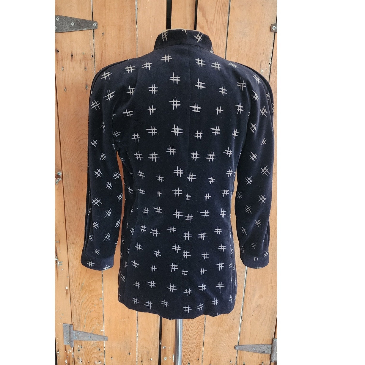 Vintage 80s Armani Blazer Womens Black Velvet Jacket w/ Cream Print / S