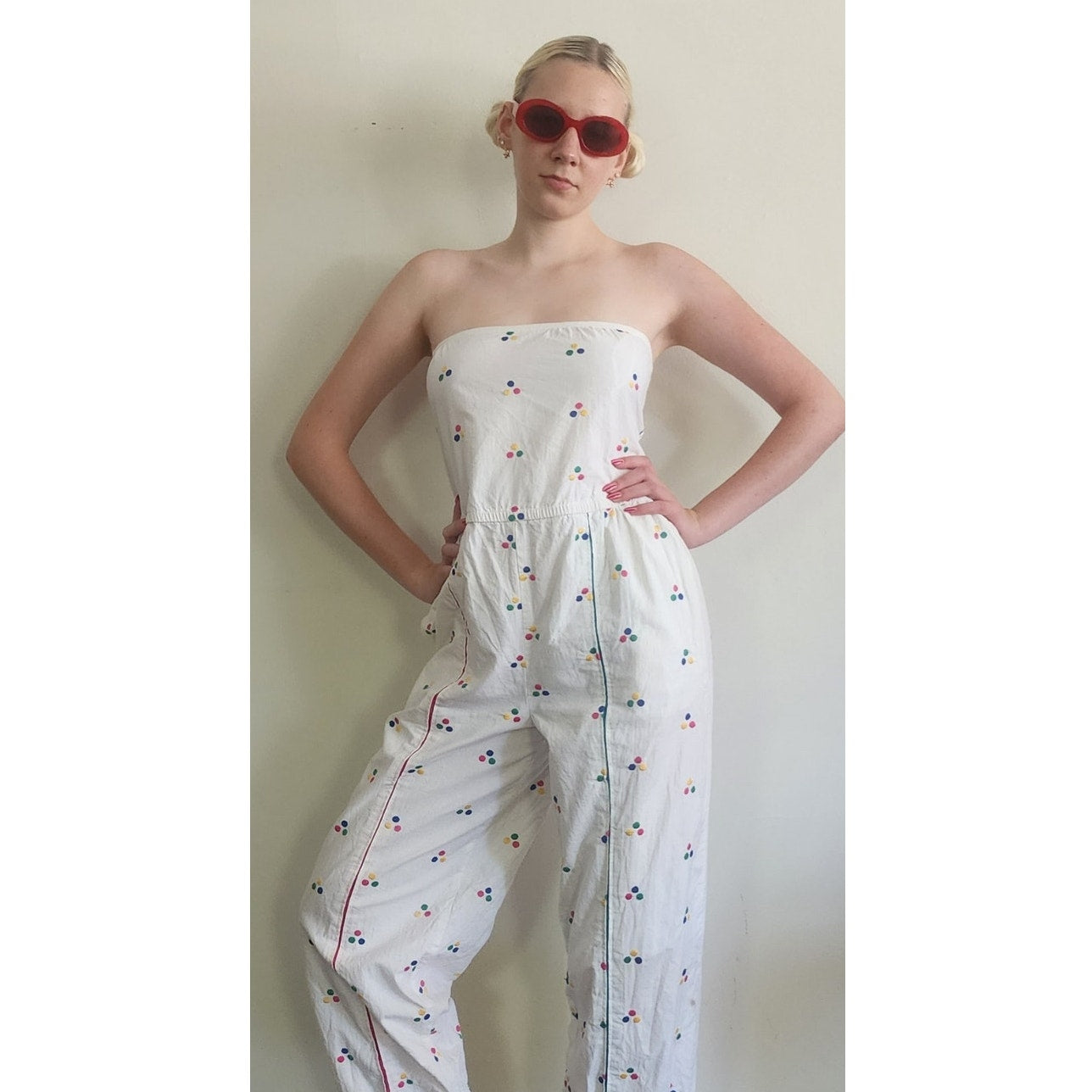 Vintage 1980s Jumpsuit White Cotton Polkadot Print Patti Cappalli / S to M