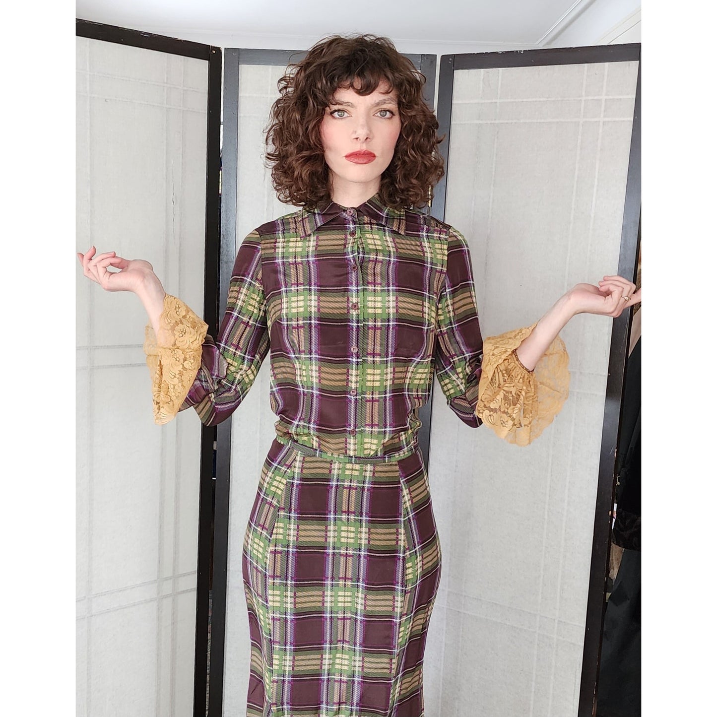 Vintage 90s Plaid Silk Skirt Suit Lace Trim Blouse Newport News