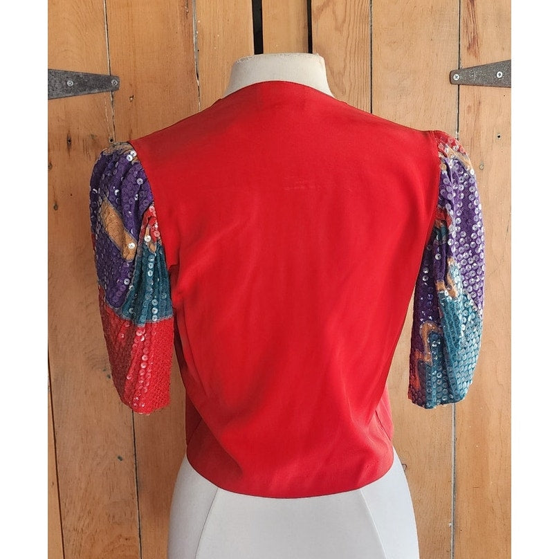 80s Cropped Jacket Red Silk + Sequined Sleees Sansappelle