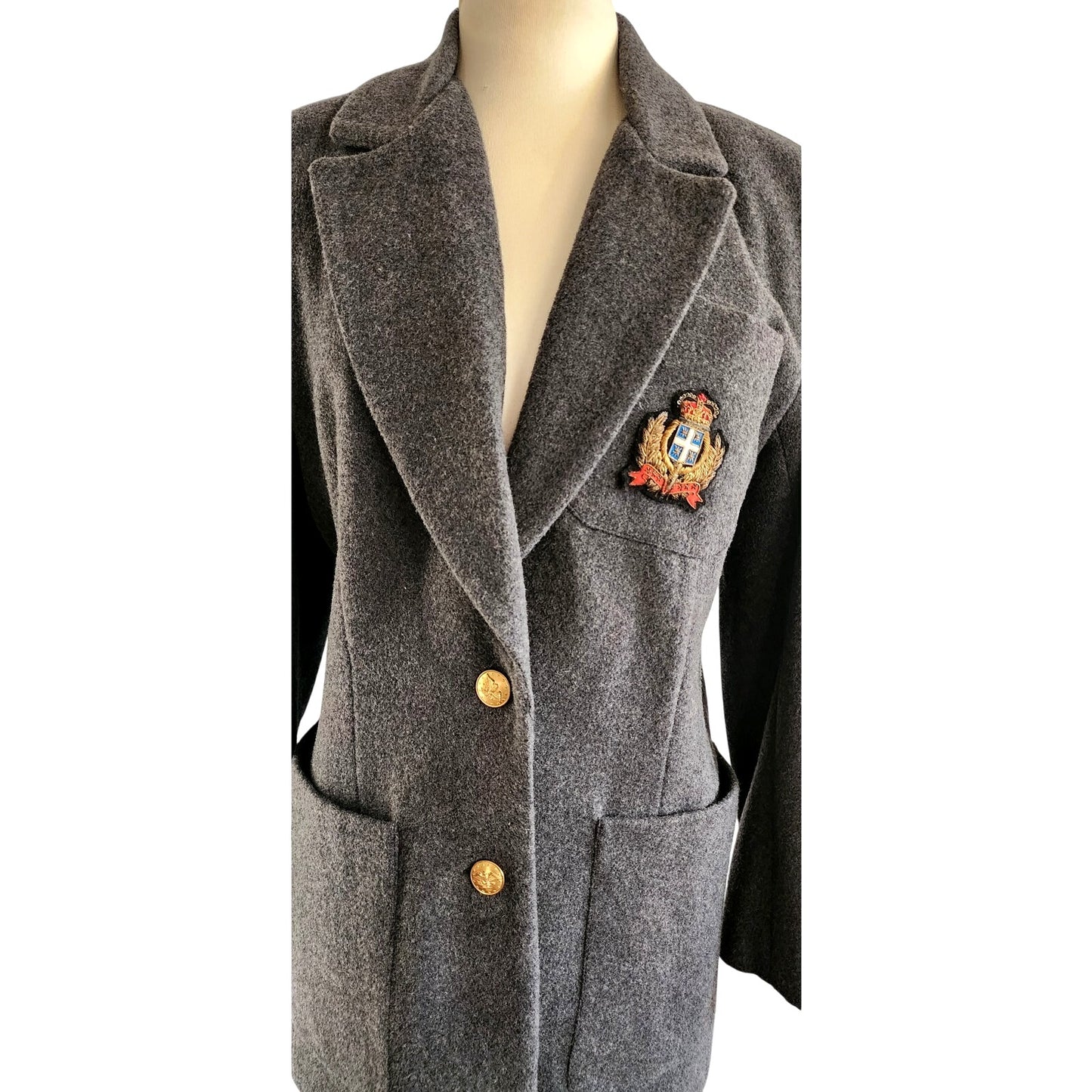 Vintage 80s Gray Blazer w/Heraldic Crest by Hugo Buscati / M