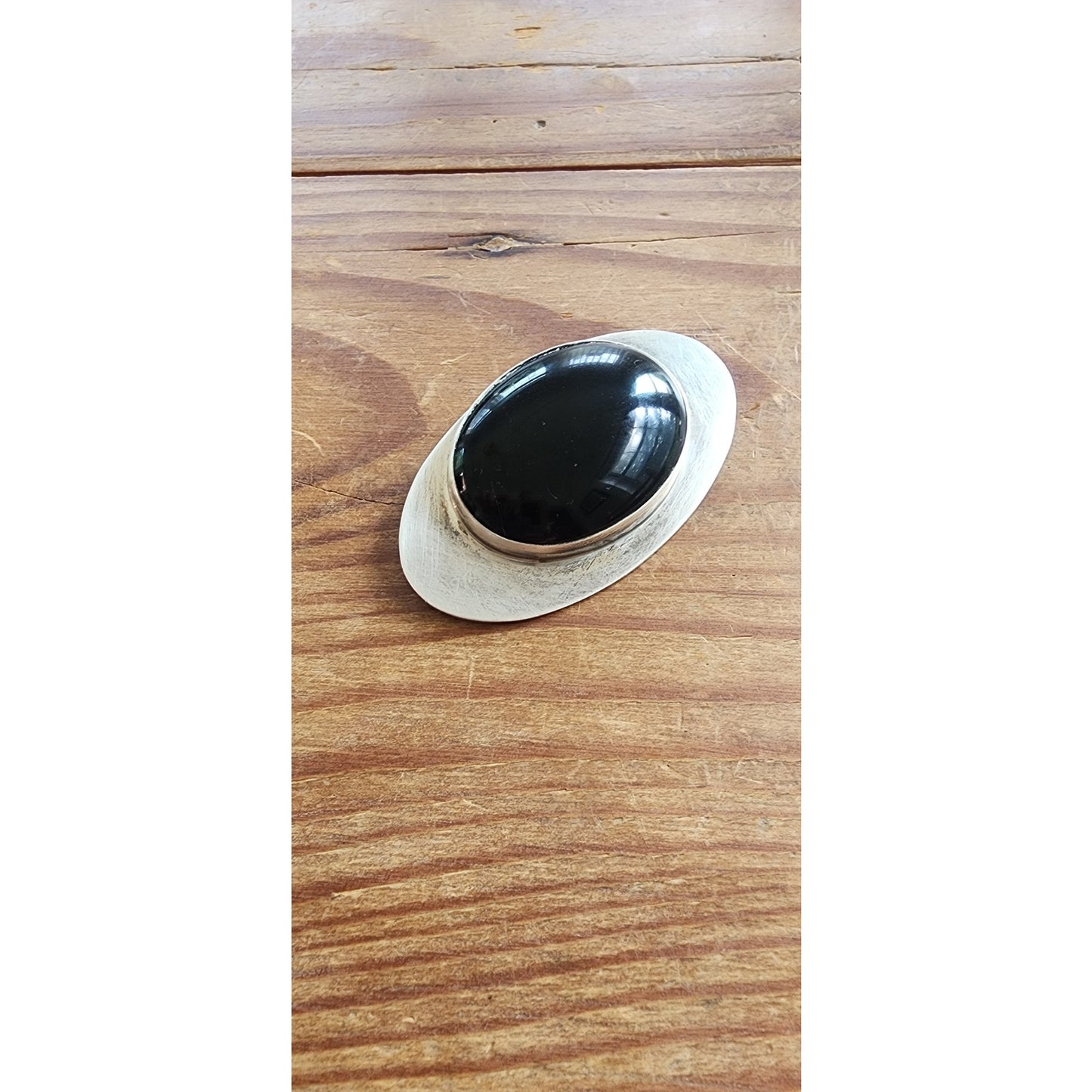 Vintage 90s Silver Brooch Black Onyx & Silver Eye Pin Signed