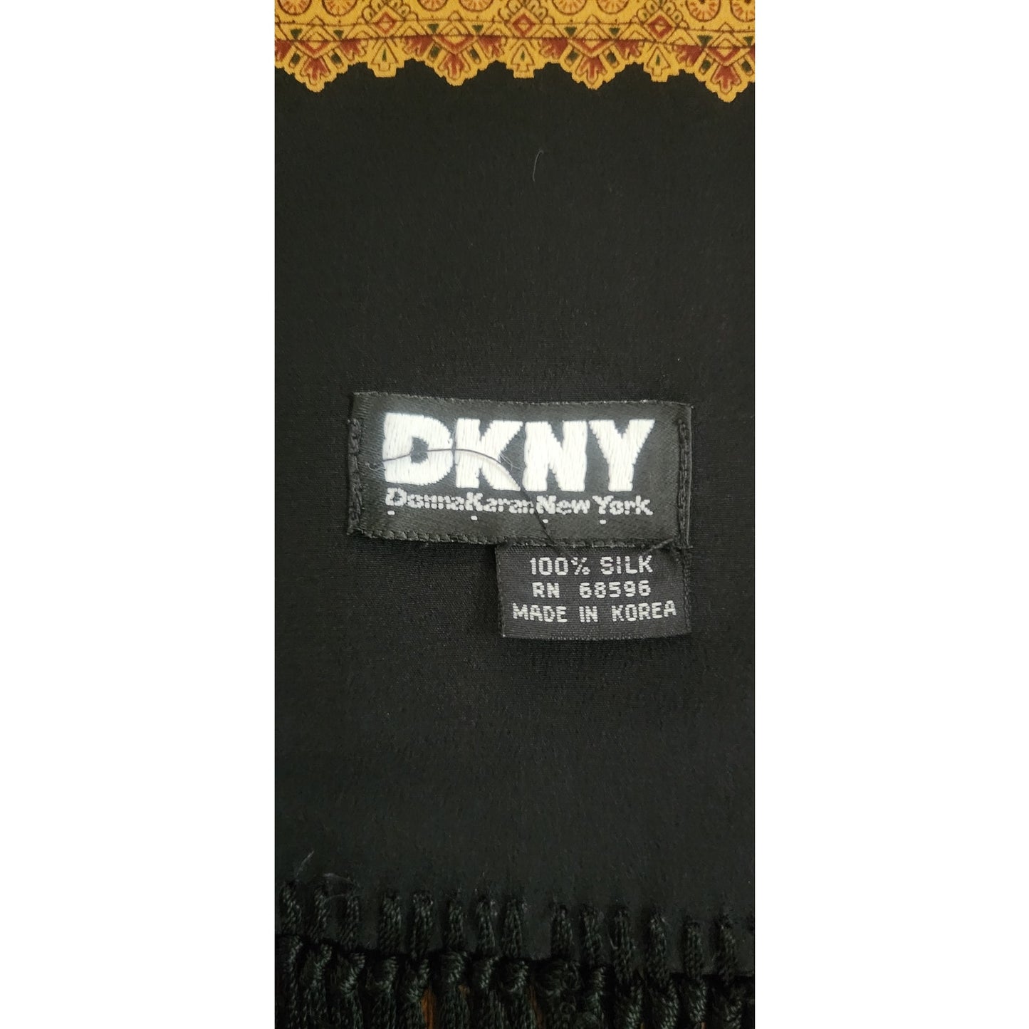 Vintage 1990s DKNY Scarf Black Gold Paisley Print Silk Oblong Fringe Donna Karan