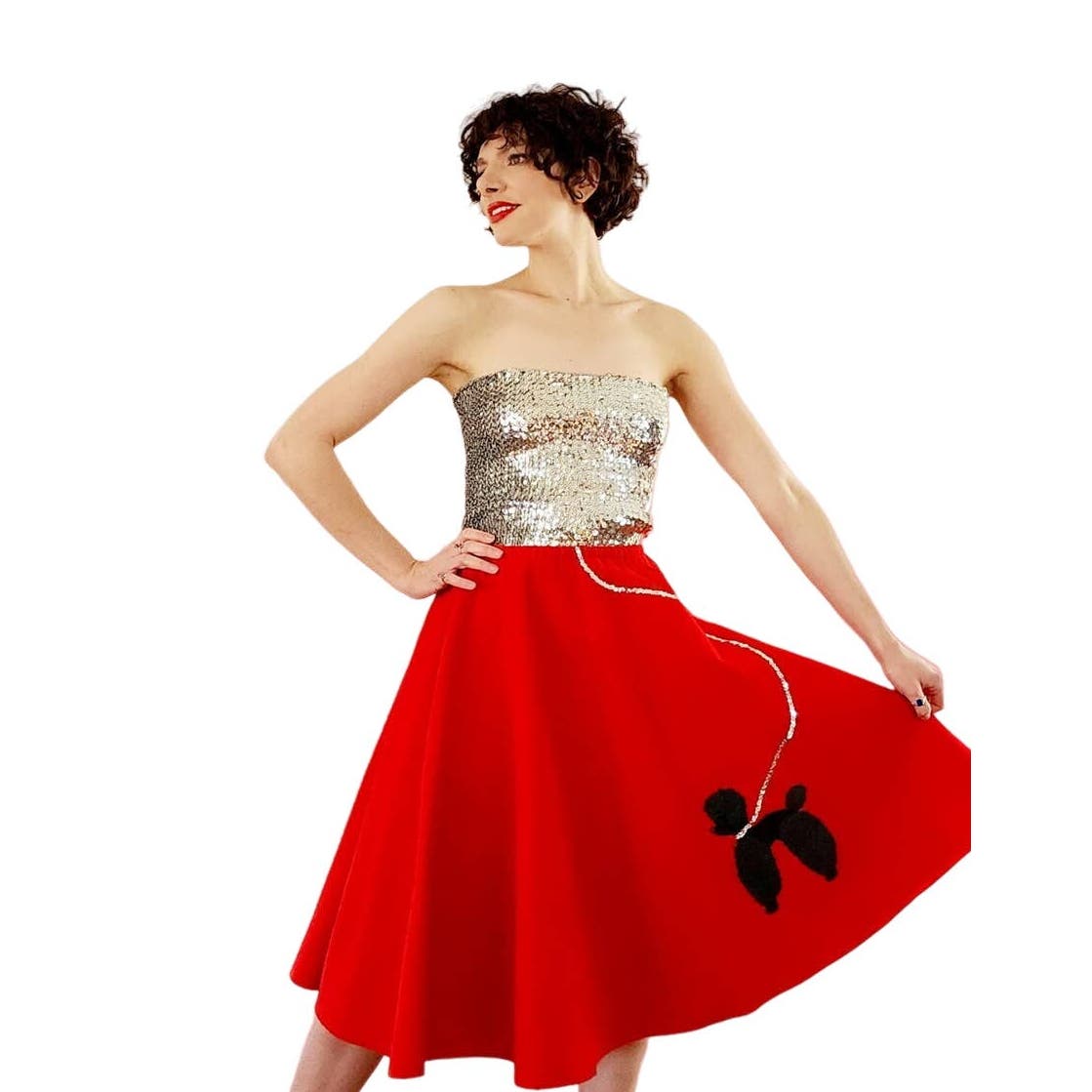True Vintage 50s Poodle Skirt in Red Felt w-Elastic Waist M