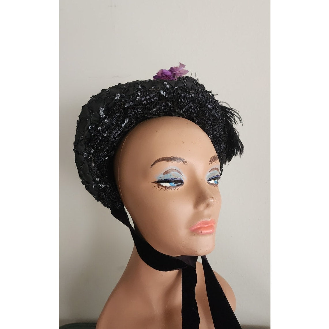 Antique Victorian Black Bonnet Hat Feathers Sequins Lace & Purple Flowers