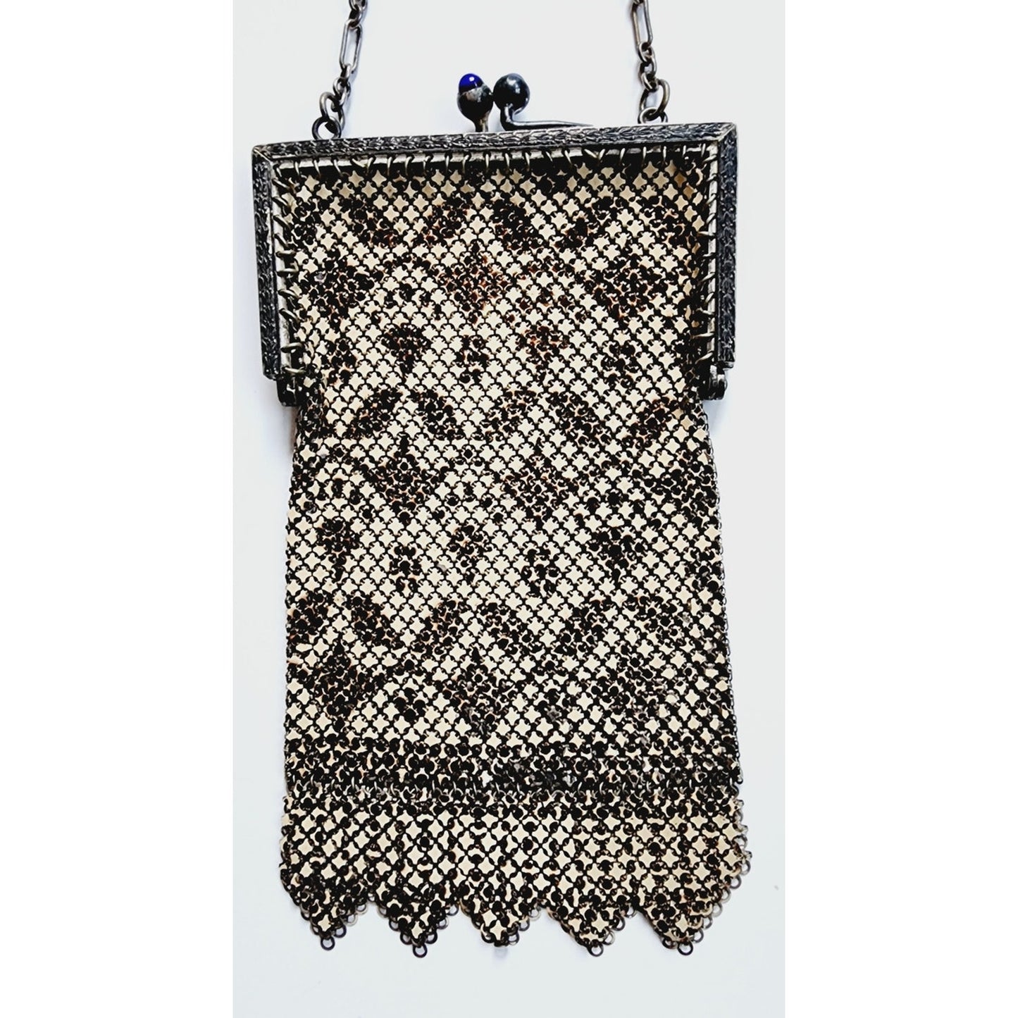 Antique Evening Bag Beaded Mesh Silver Beige 1910s Art Nouveau Mandalian Co