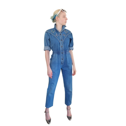 Vintage 80s Denim Jumpsuit w/Silver Studs Elastic Waist / Small