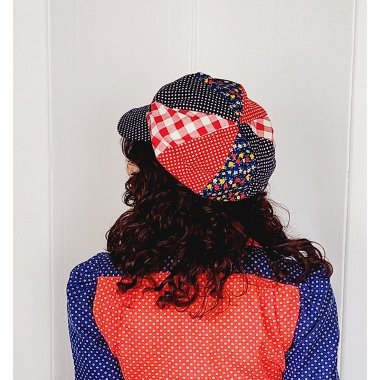 Vintage 70s Patchwork Quilt Hat Newsboy Hat Gingham Print Boho