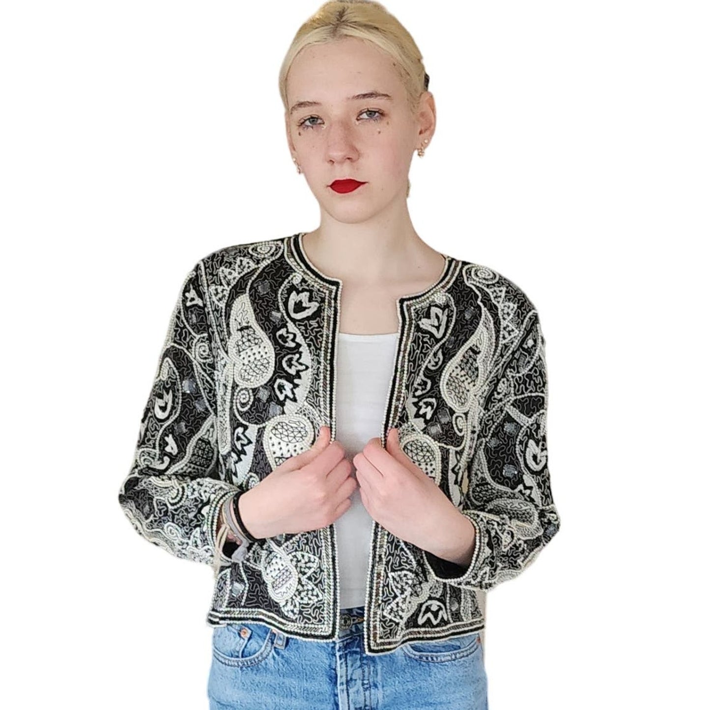 Vintage 80s Beaded Blazer Judith Ann Cropped Jacket Black & White Paisley