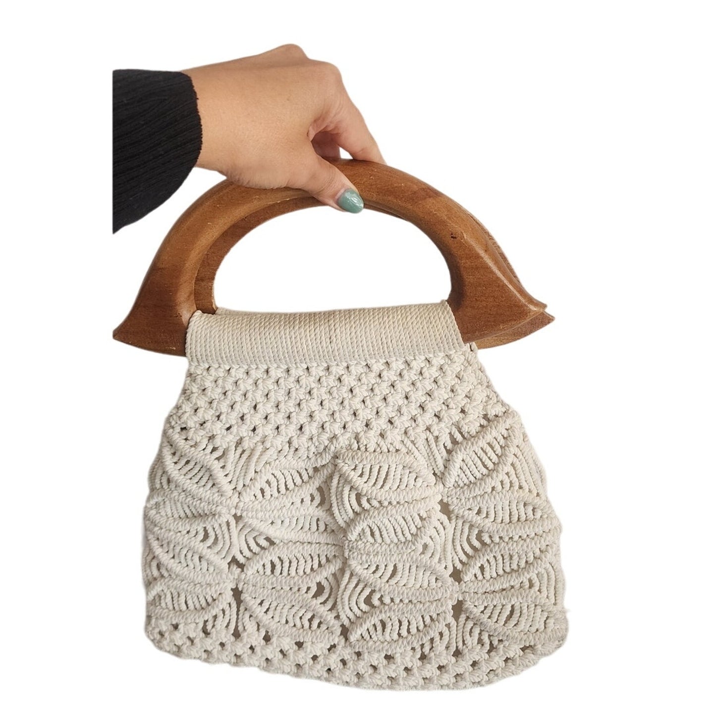 Vintage 70s Macrame Hand Bag Cream White Crochet Purse Wood Handle