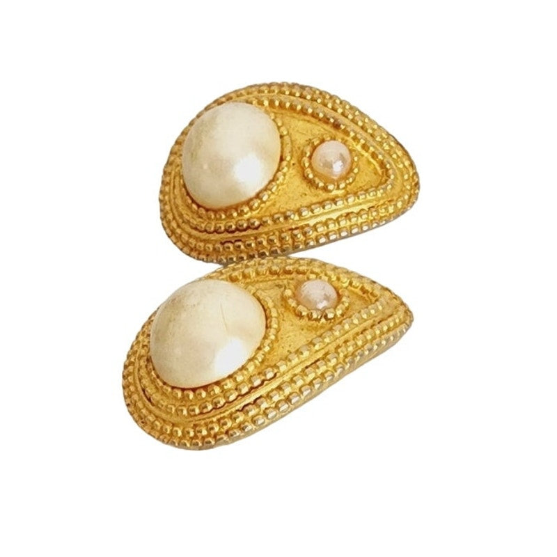 Vintage 80s Oscar de la Renta Earrings Clips Gold & Pearl