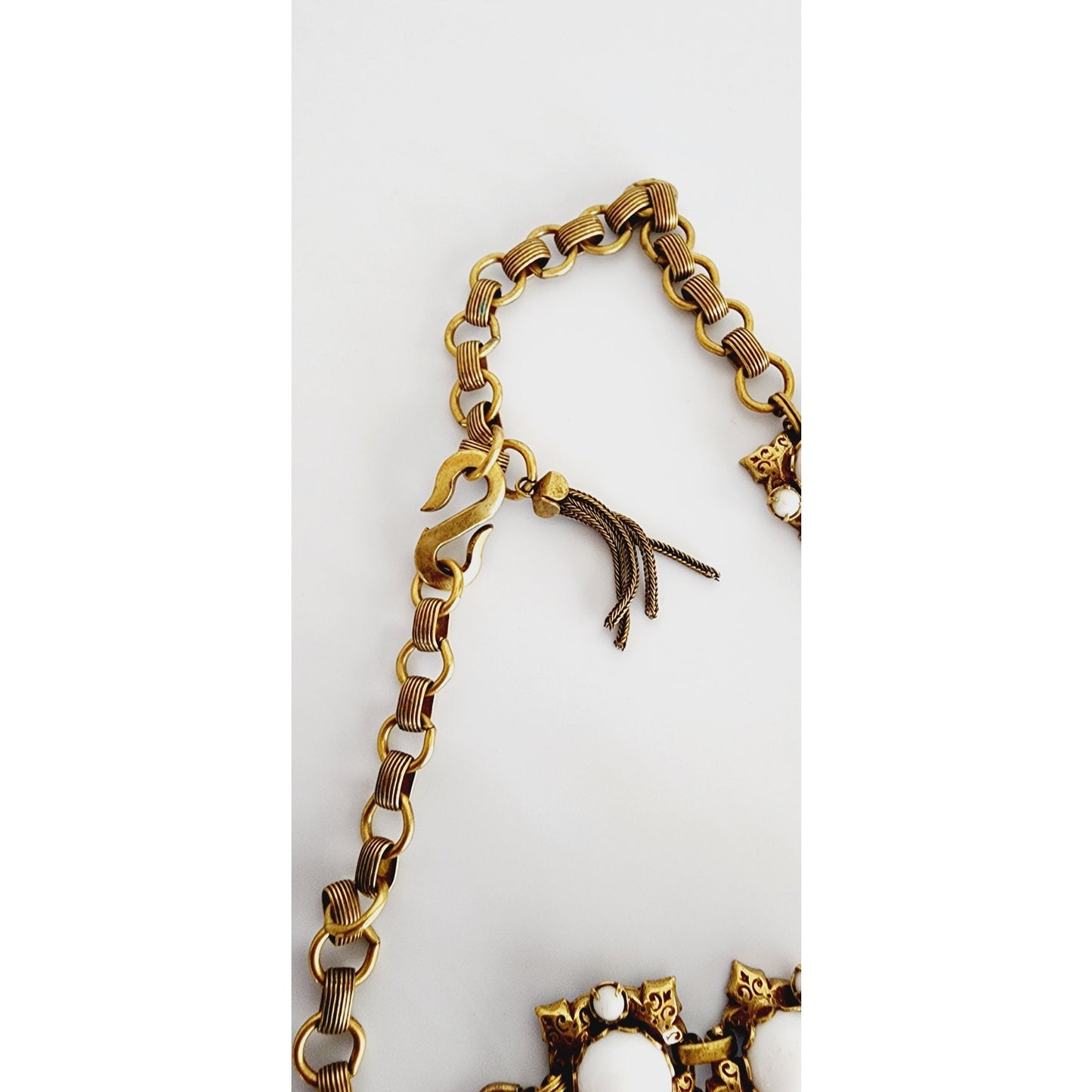 1960s Choker Necklace White Milk Glass & Gold Baroque Style