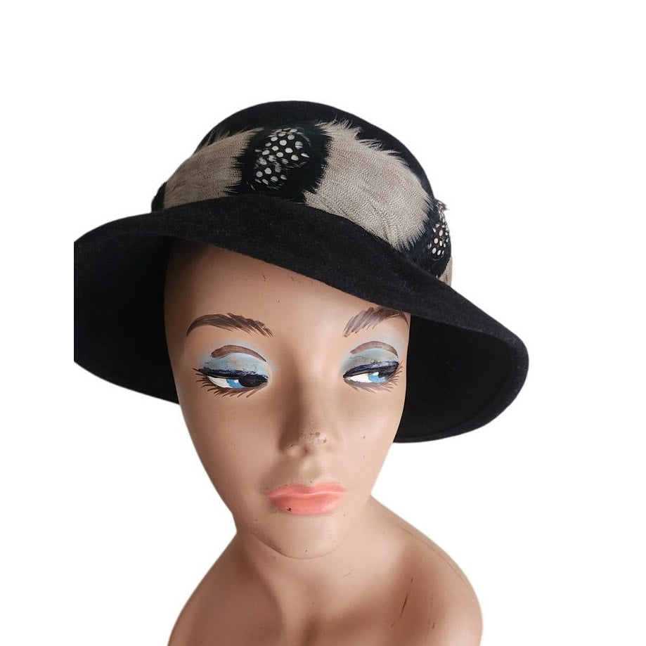 Vintage 60s Ladies Fedora Hat by Gelot Paris Black Felt + Feathers