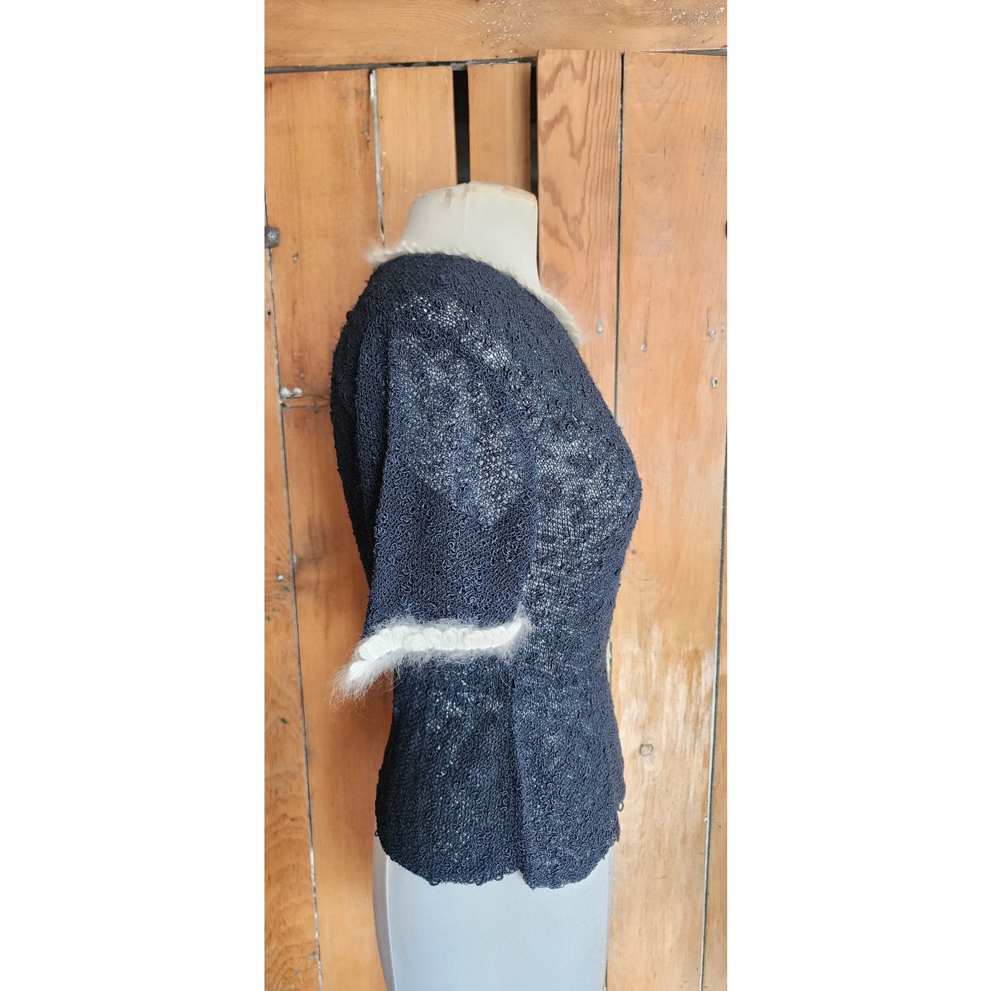 Vintage 50s Knit Top Navy Blue w/ Cream Crochet Trim Scotch Wool Shop / S