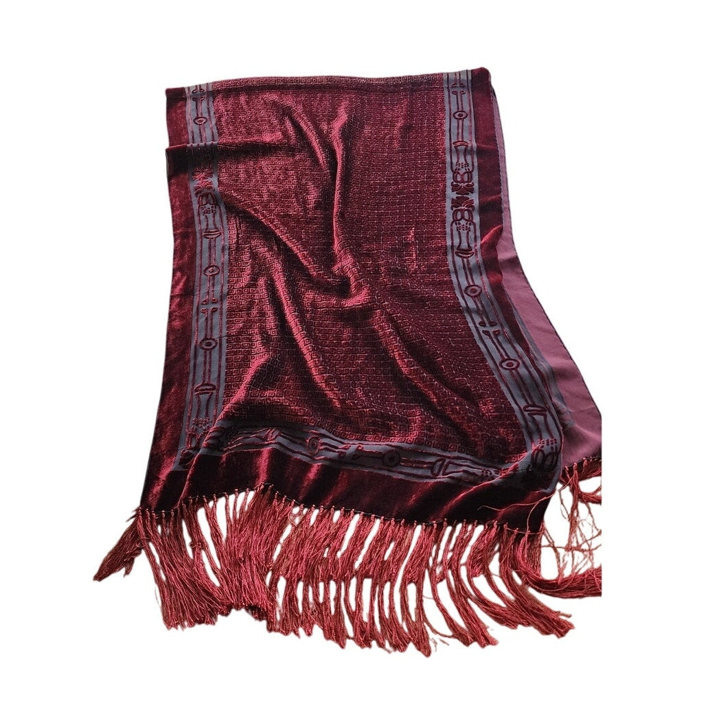 Vintage 90s Burnout Velvet Scarf Burgundy Red Velvet Fringed