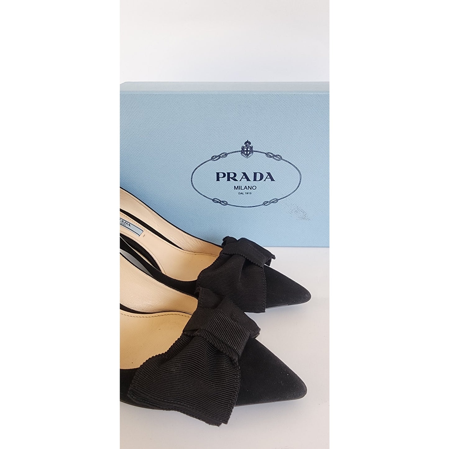 Prada Shoes Black Suede Kitten Heel Pumps with Bows Size 38 w/Original Box