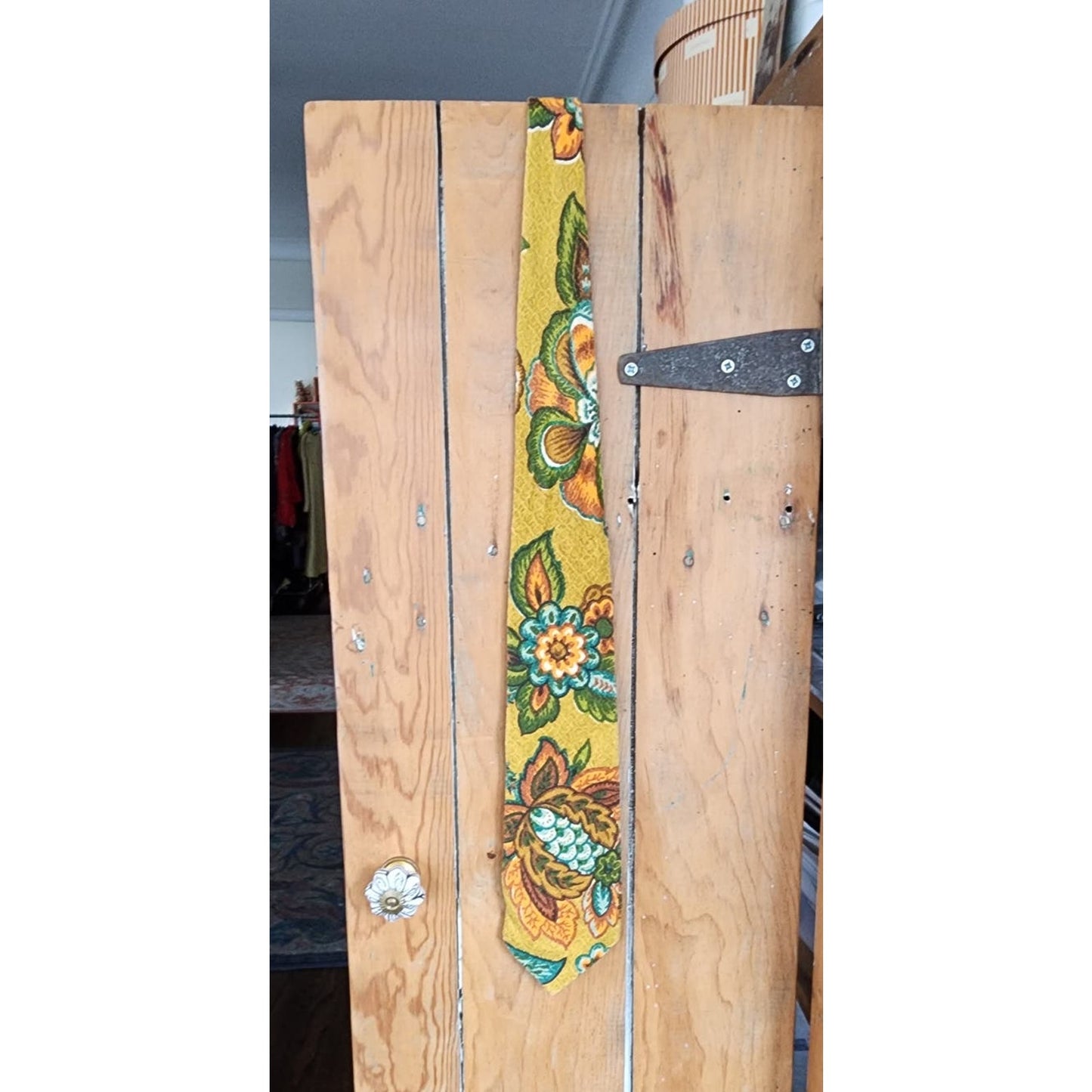 Vintage Mens Neck Tie 60s Barkcloth Yellow Floral Print