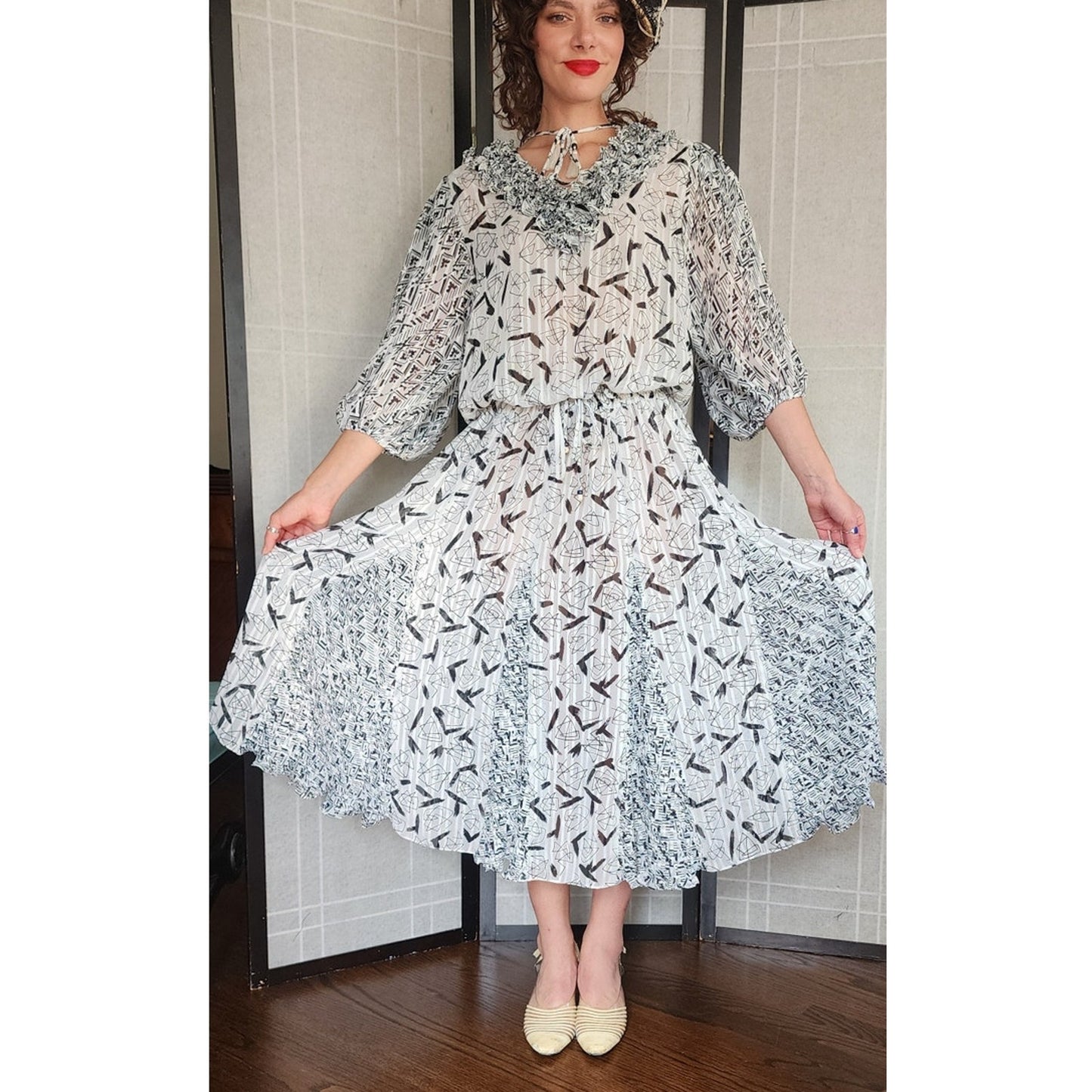 Vintage 1980s Diane Freis Fishtail Skirt Blouse Set Black White Georgette Graphic Print