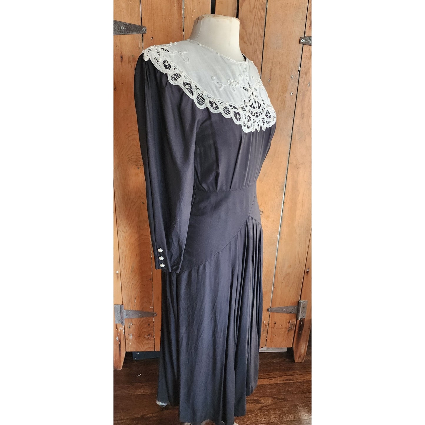 Vintage 80s Black Dress Lace Collar Neo Edwardian