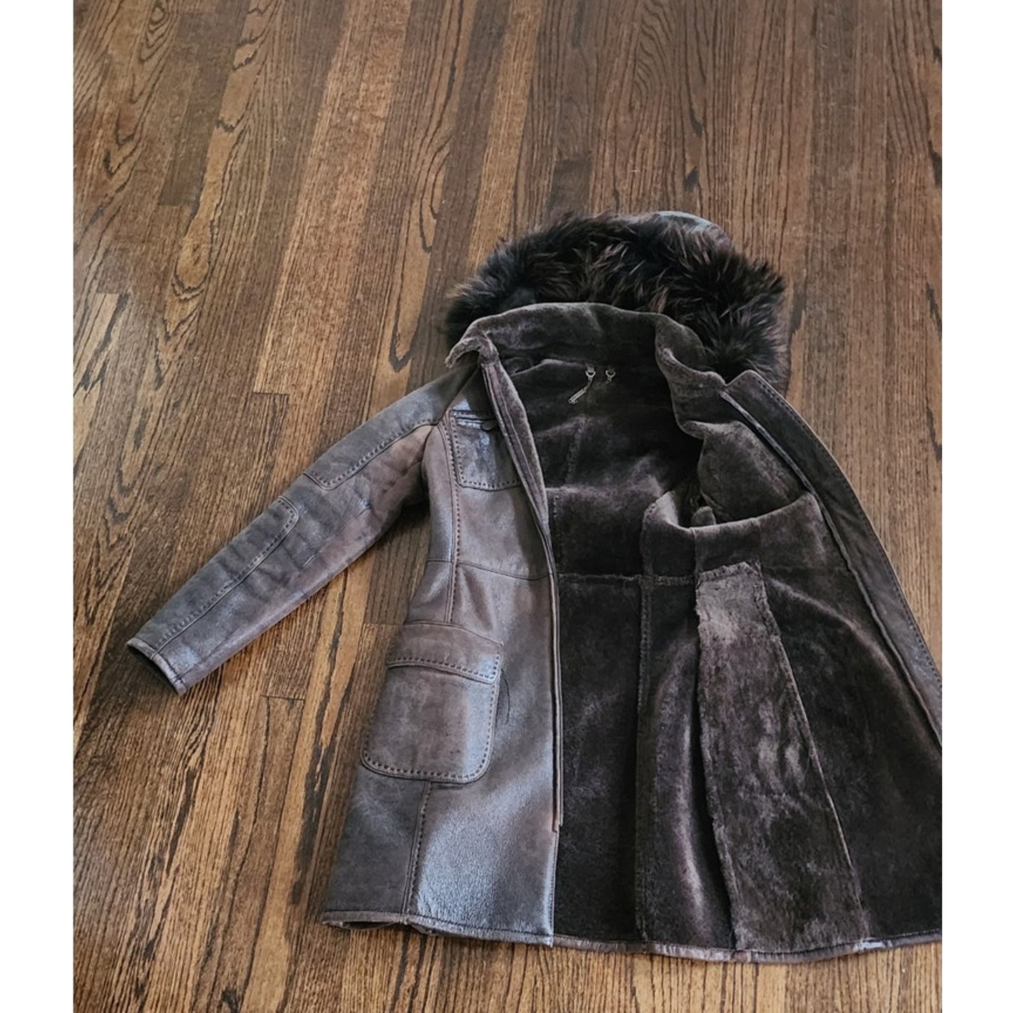 Vintage Y2K Brown Leather Parka Coat w/Fur Lined Hood & Shearling Liner Fitted S