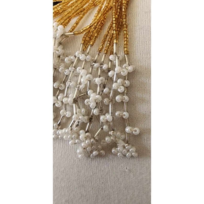 Vintage Bib Necklace Boho Fringed Collar Gold Glass Faux Pearl Beads