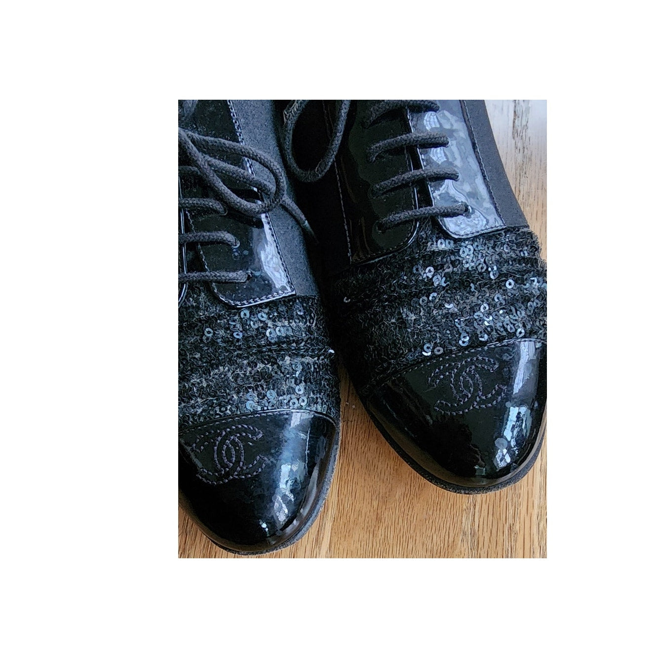 CHANEL Lace Up Shoes Loafers Black Patent Leather & Sequins 38 1/2